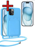 BTH BTH iPhone 14 Pro Hoesje Pashouder met Koord Met Screenprotector - Lichtblauw