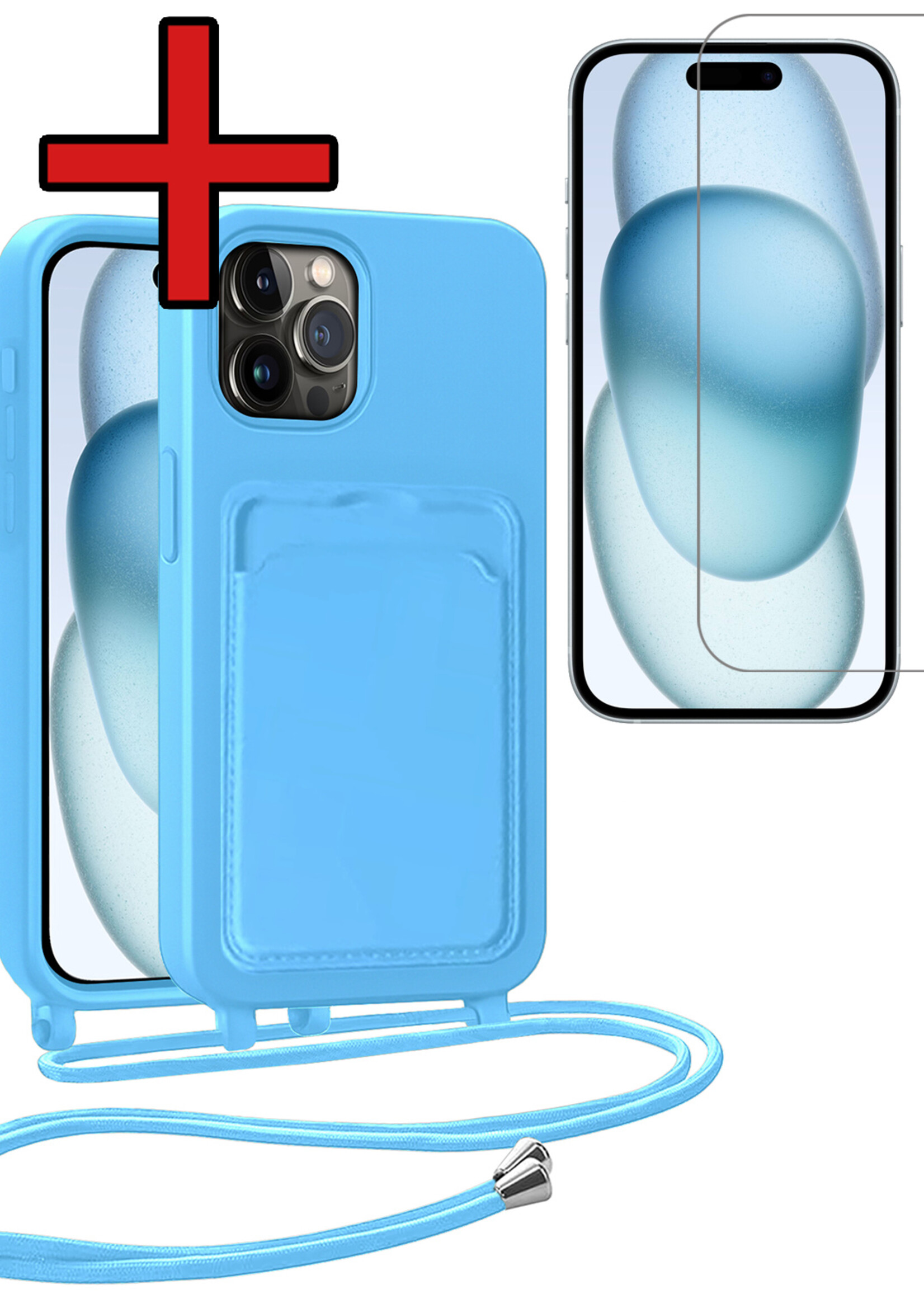 BTH BTH iPhone 14 Pro Hoesje Pashouder met Koord Met Screenprotector - Lichtblauw