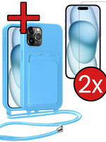 BTH BTH iPhone 14 Pro Hoesje Pashouder met Koord Met 2x Screenprotector - Lichtblauw