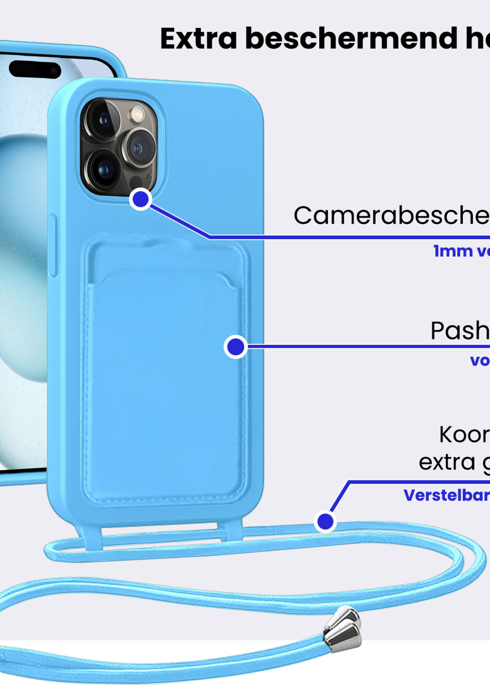 BTH BTH iPhone 14 Pro Hoesje Pashouder met Koord Met 2x Screenprotector - Lichtblauw