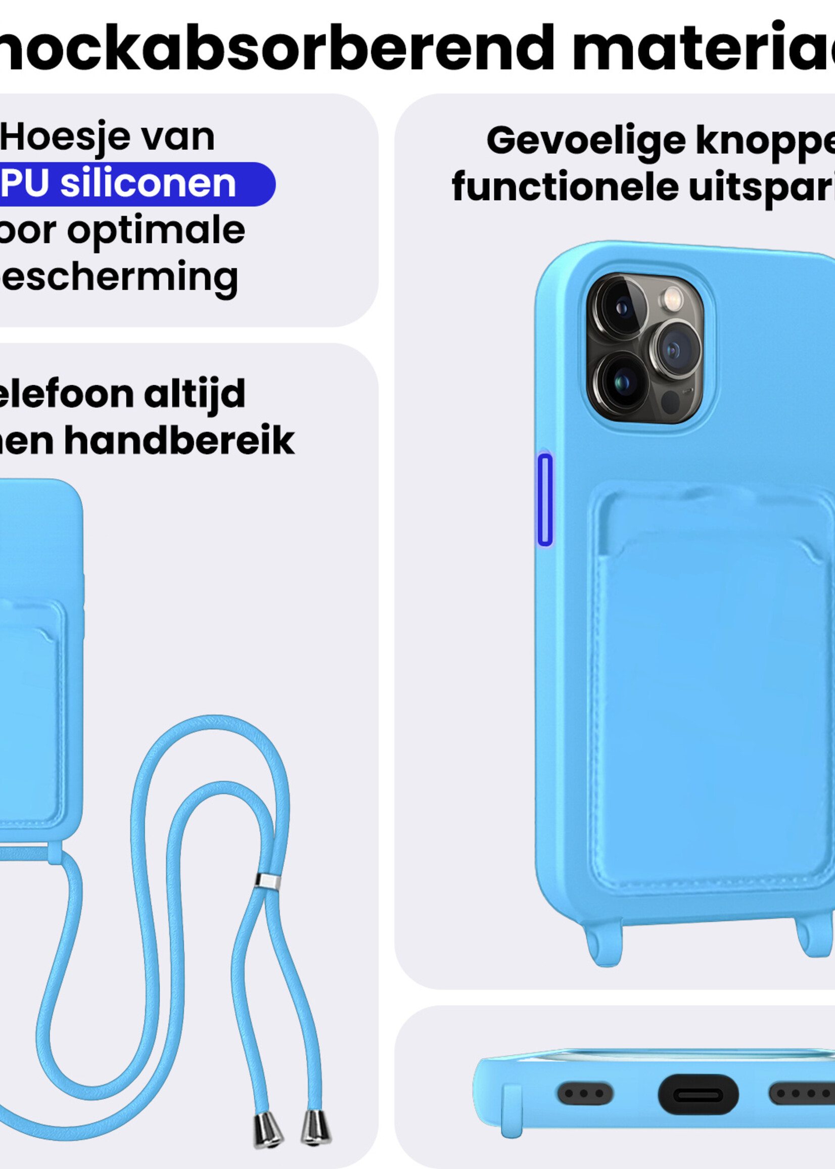 BTH BTH iPhone 14 Pro Hoesje Pashouder met Koord Met 2x Screenprotector - Lichtblauw