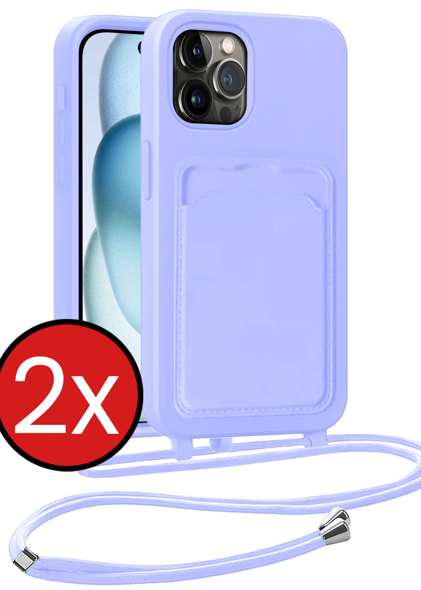 BTH BTH iPhone 14 Pro Hoesje Pashouder met Koord - Lila - 2 PACK