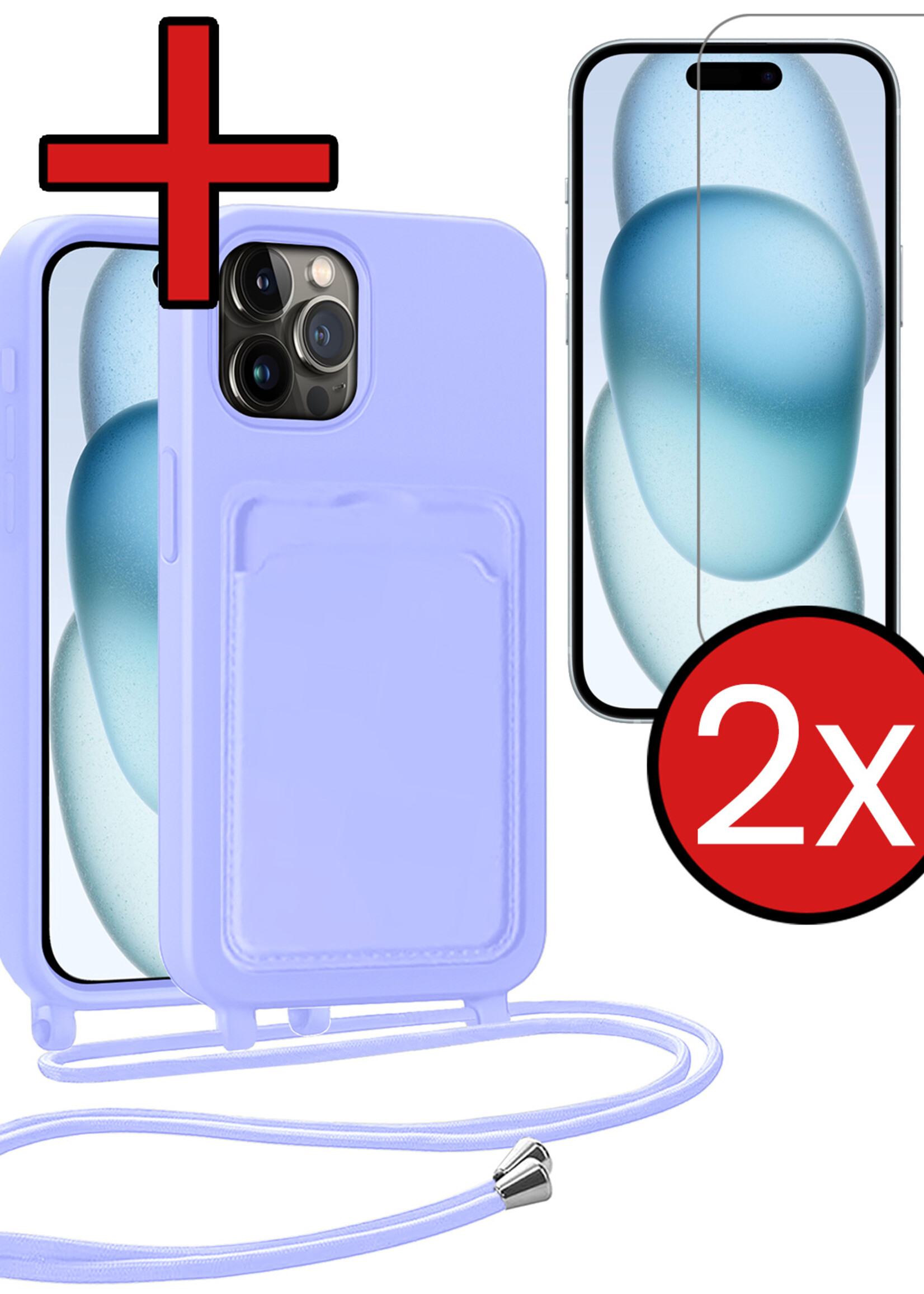 BTH BTH iPhone 14 Pro Hoesje Pashouder met Koord Met 2x Screenprotector - Lila