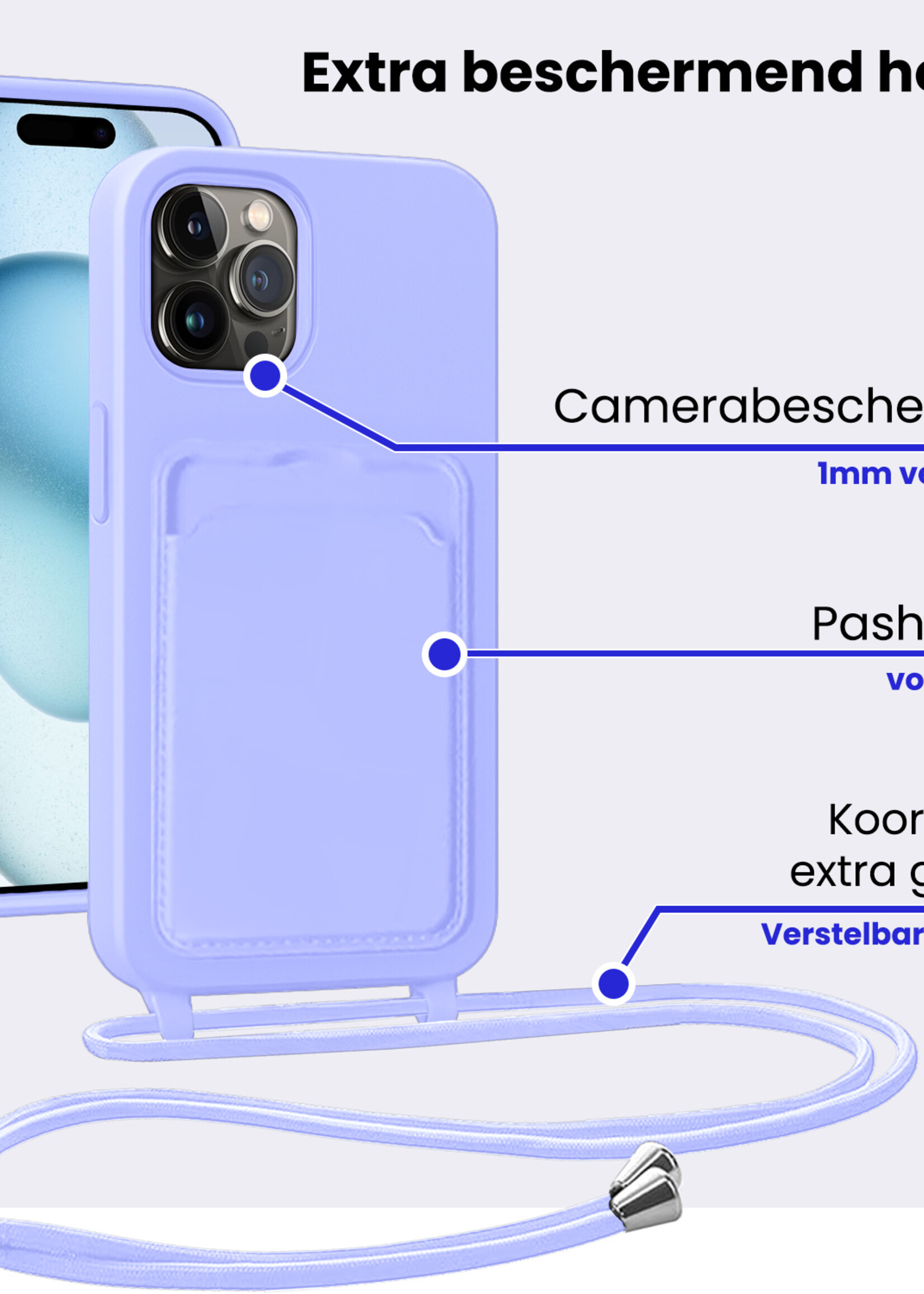 BTH BTH iPhone 14 Pro Hoesje Pashouder met Koord Met 2x Screenprotector - Lila