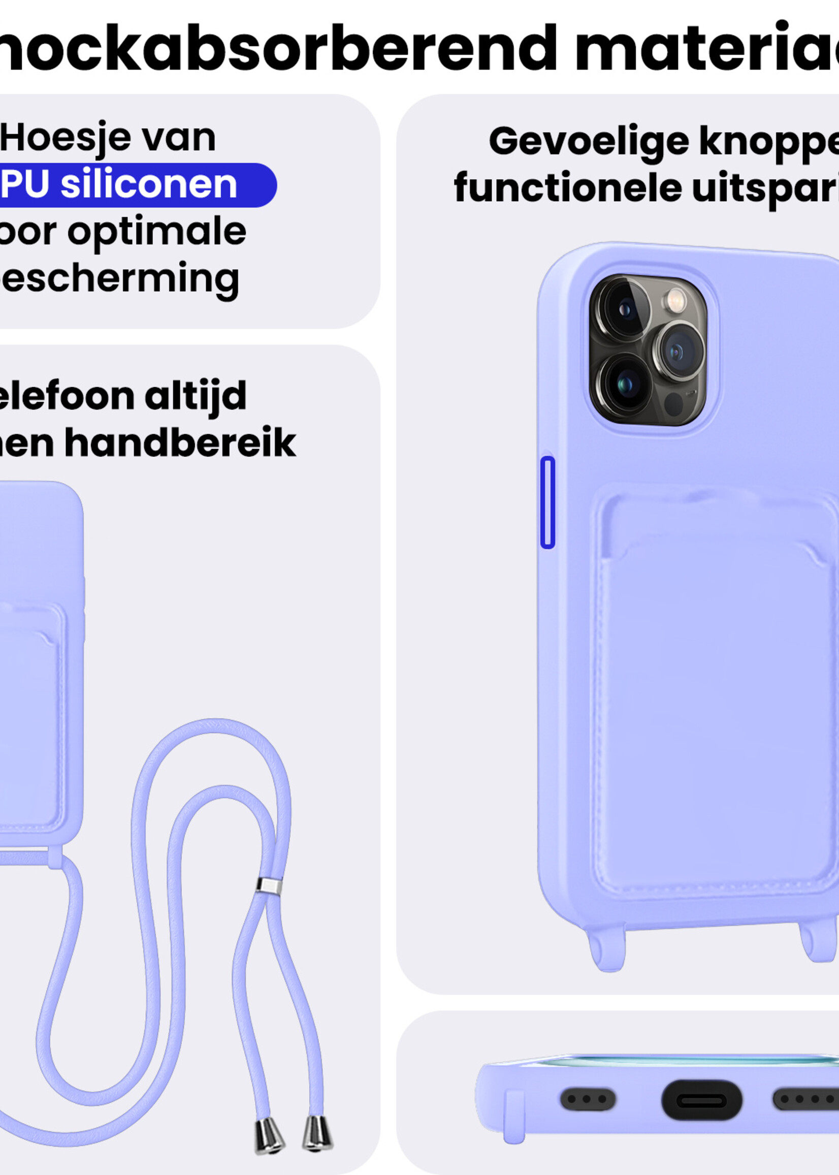 BTH BTH iPhone 14 Pro Hoesje Pashouder met Koord Met 2x Screenprotector - Lila