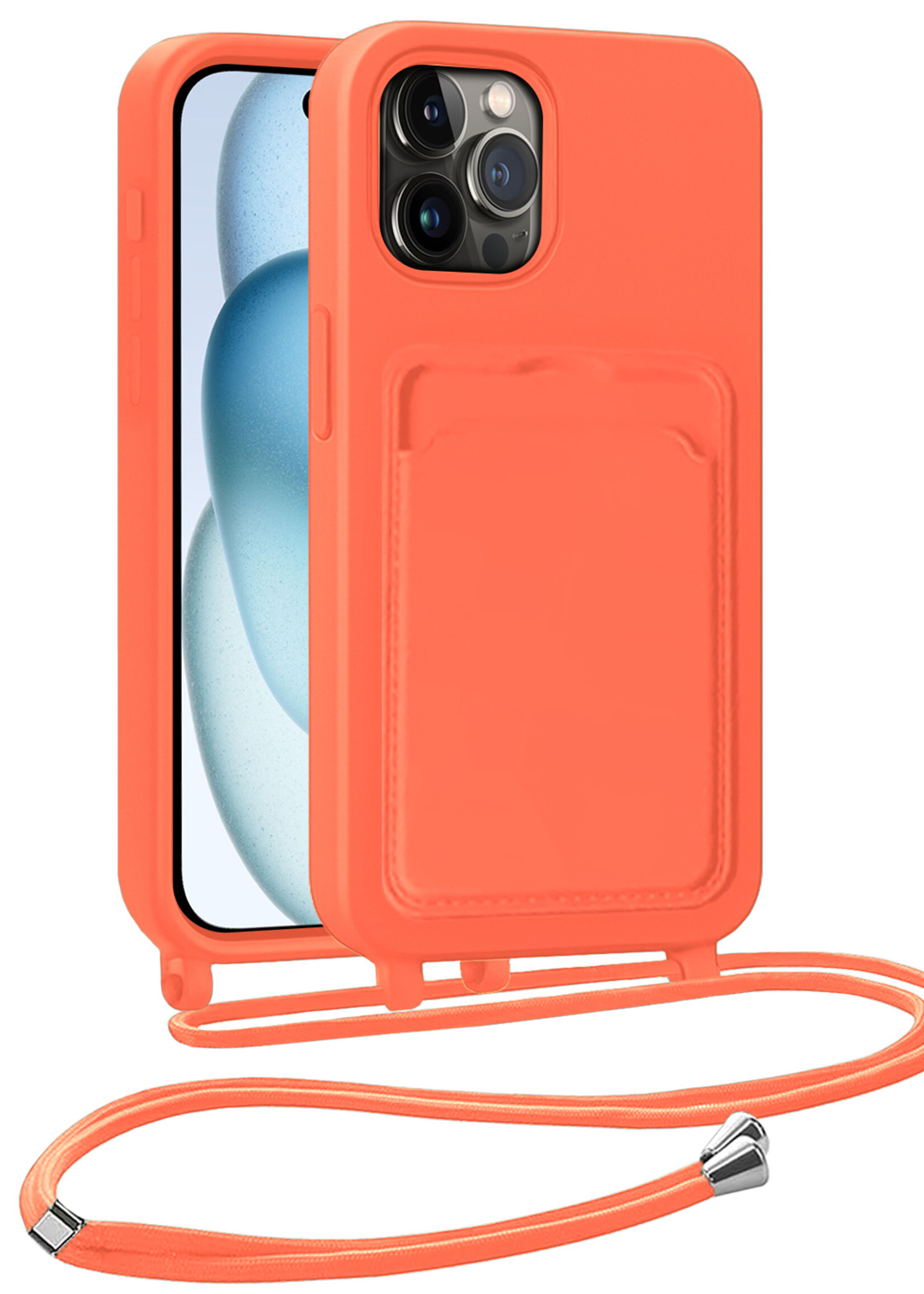 BTH BTH iPhone 14 Pro Hoesje Pashouder met Koord - Papaya