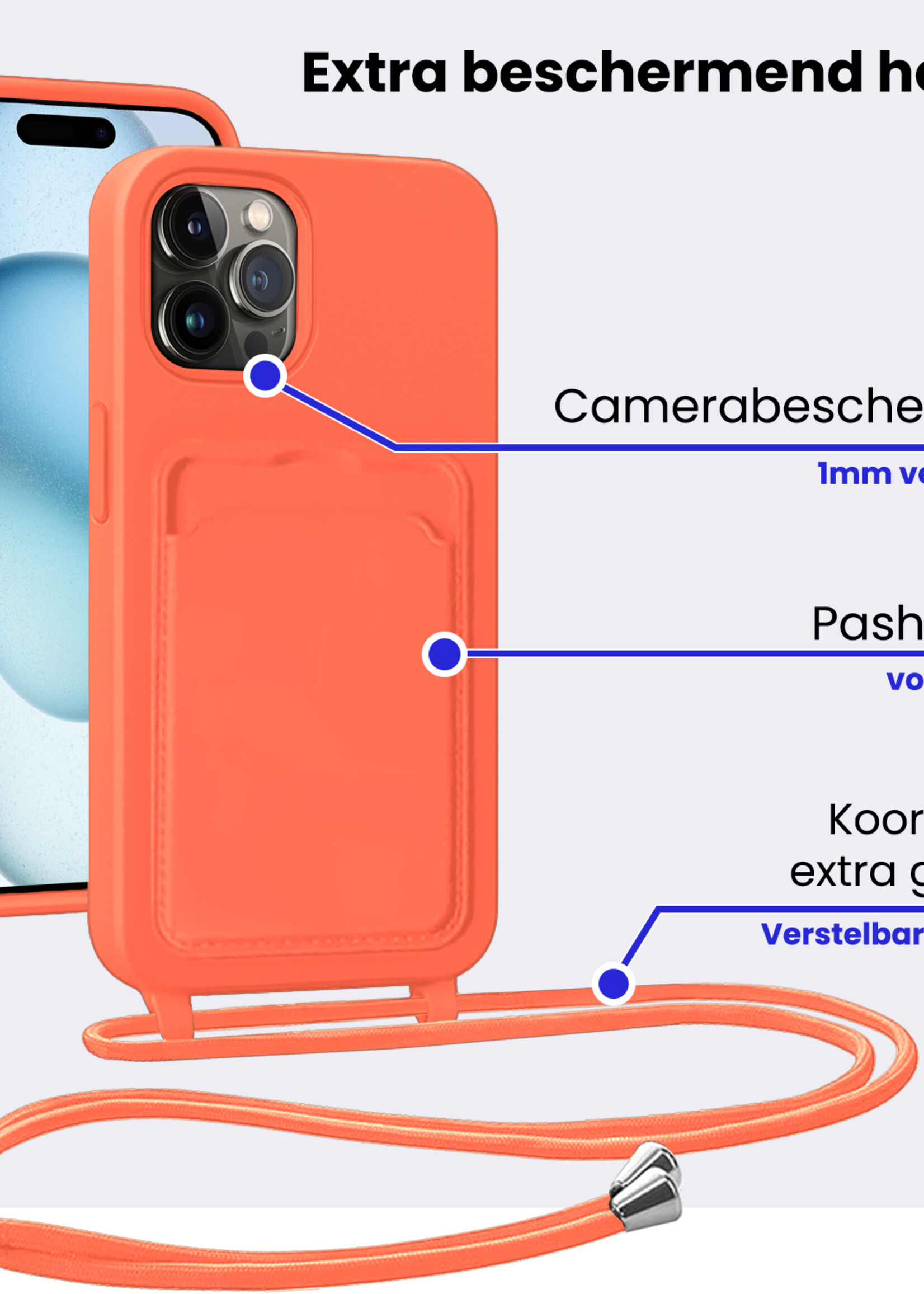 BTH BTH iPhone 14 Pro Hoesje Pashouder met Koord - Papaya