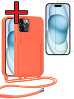 BTH BTH iPhone 14 Pro Hoesje Pashouder met Koord Met Screenprotector - Papaya