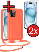 BTH BTH iPhone 14 Pro Hoesje Pashouder met Koord Met 2x Screenprotector - Papaya