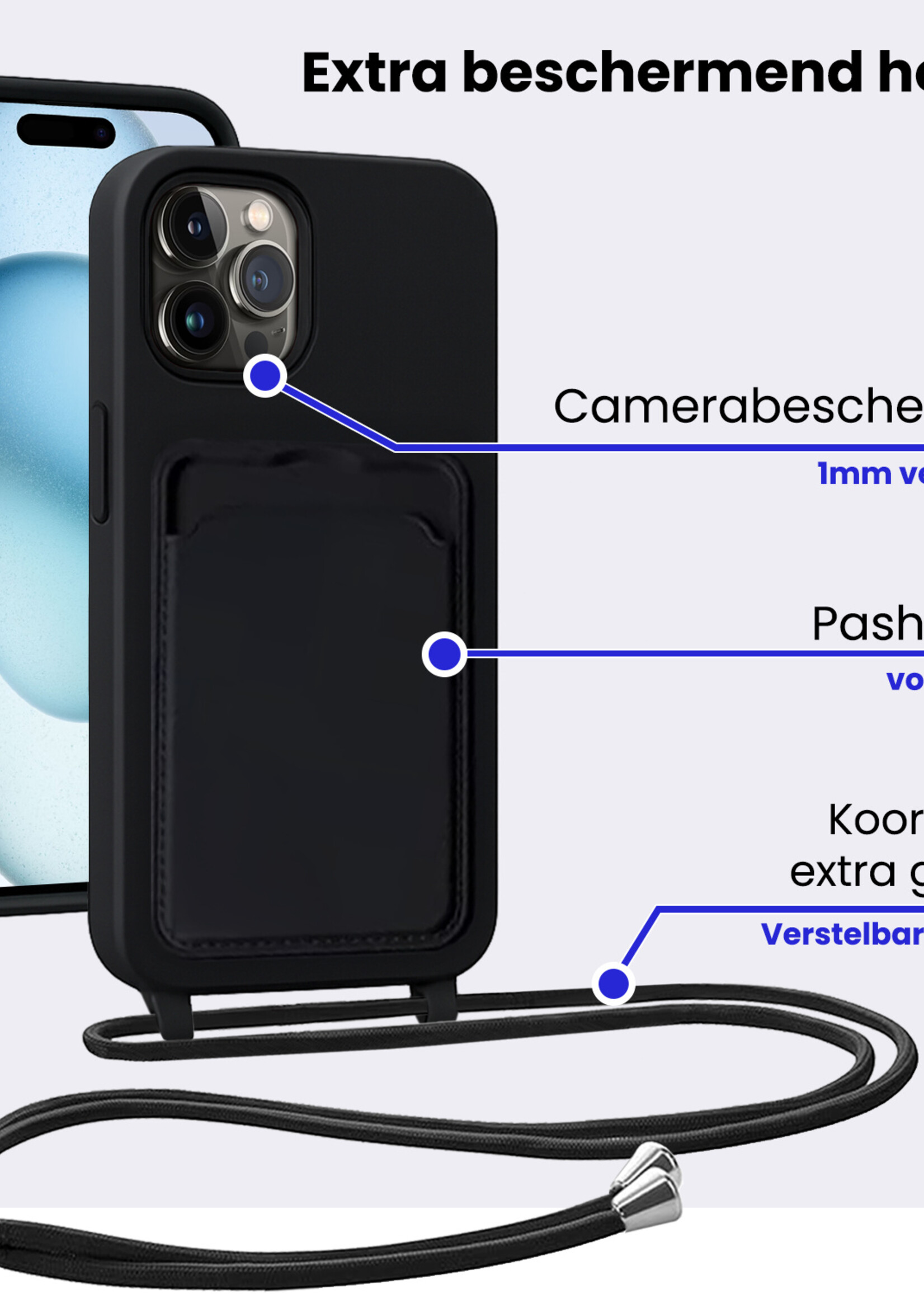 BTH BTH iPhone 14 Pro Hoesje Pashouder met Koord - Zwart