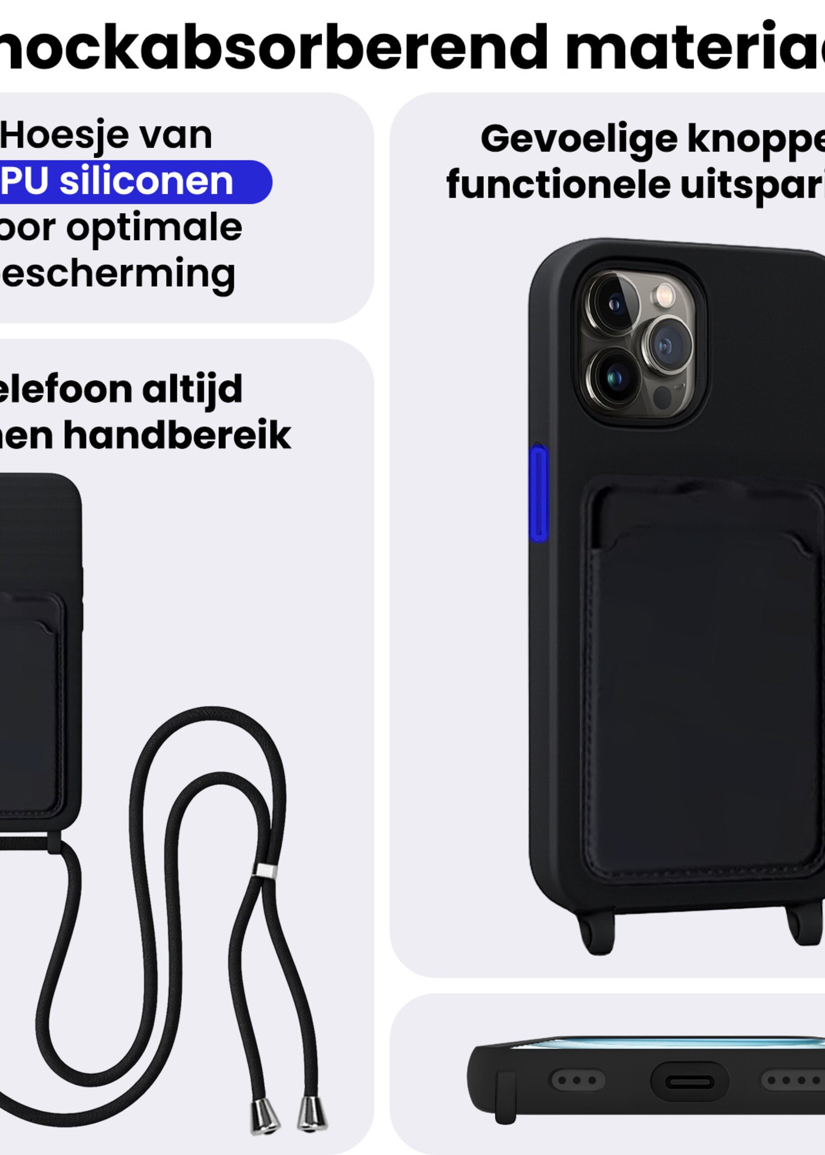 BTH BTH iPhone 14 Pro Hoesje Pashouder met Koord - Zwart