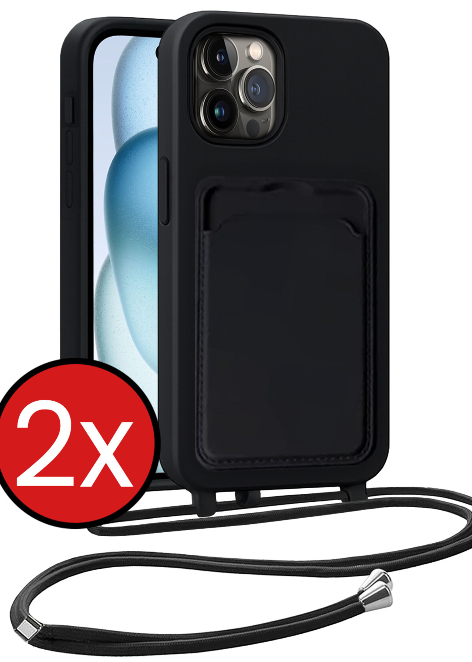 BTH BTH iPhone 14 Pro Hoesje Pashouder met Koord - Zwart - 2 PACK