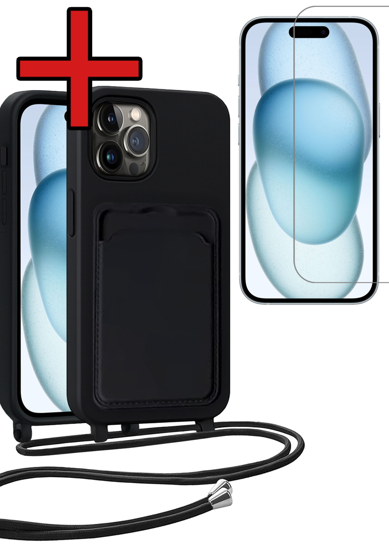 BTH BTH iPhone 14 Pro Hoesje Pashouder met Koord Met Screenprotector - Zwart