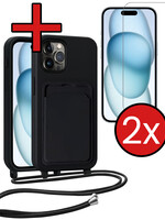 BTH BTH iPhone 14 Pro Hoesje Pashouder met Koord Met 2x Screenprotector - Zwart