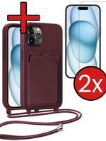 BTH BTH iPhone 14 Pro Max Hoesje Pashouder met Koord Met 2x Screenprotector - Aubergine