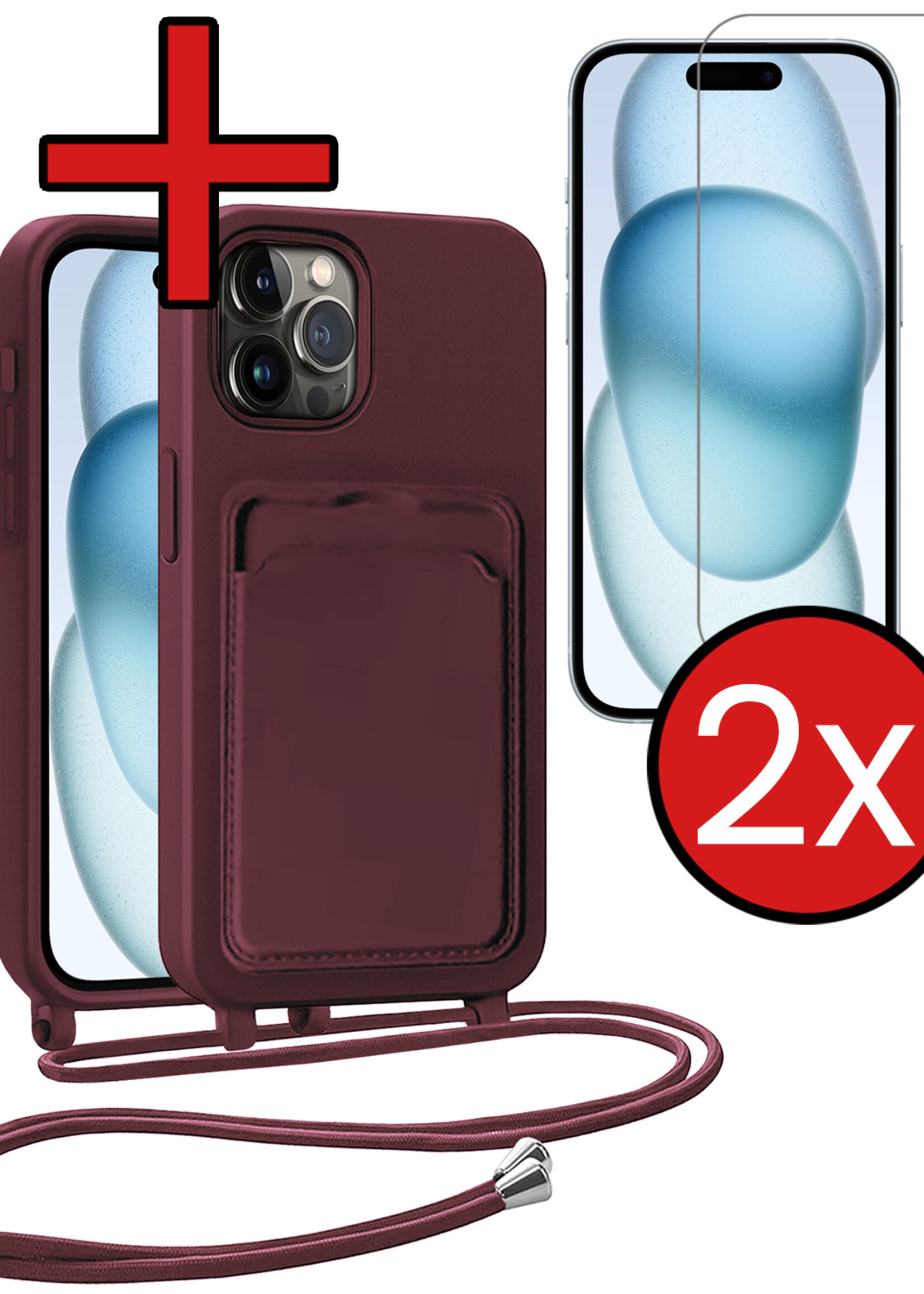 BTH BTH iPhone 14 Pro Max Hoesje Pashouder met Koord Met 2x Screenprotector - Aubergine