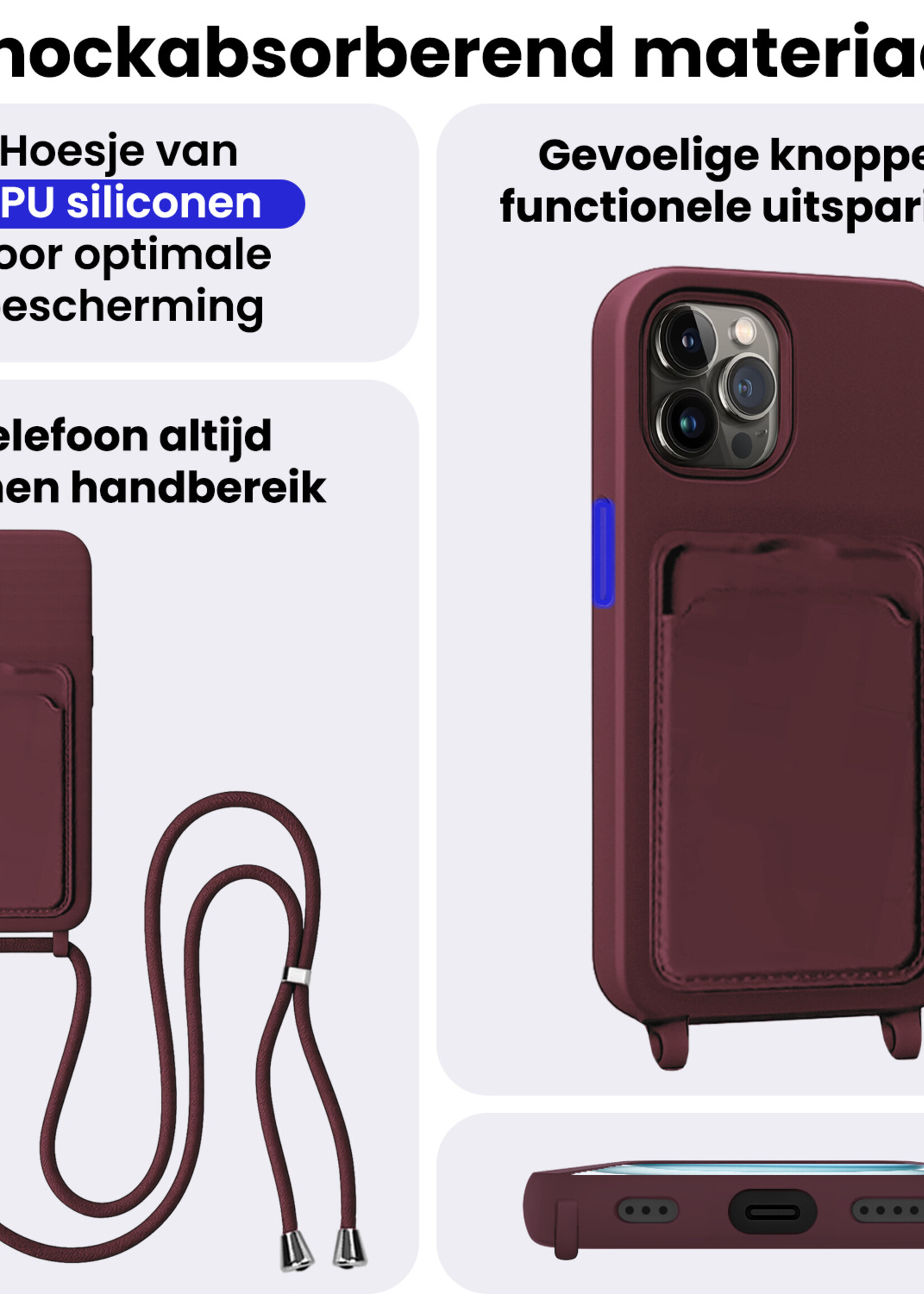 BTH BTH iPhone 14 Pro Max Hoesje Pashouder met Koord Met 2x Screenprotector - Aubergine
