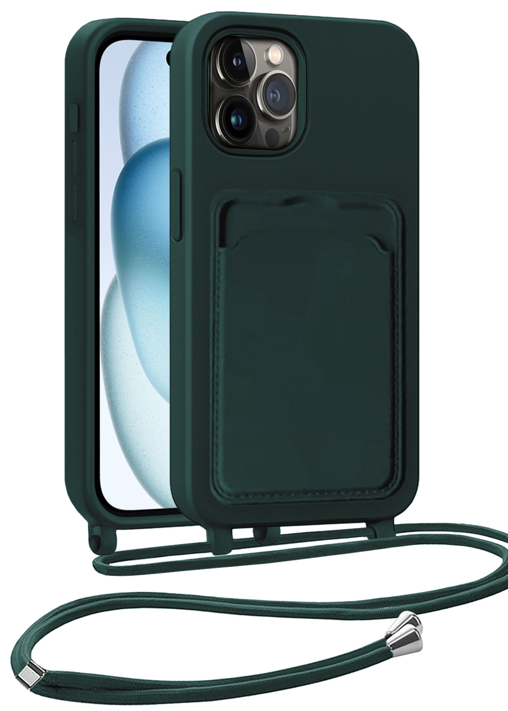 BTH BTH iPhone 14 Pro Max Hoesje Pashouder met Koord - Donkergroen