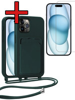 BTH BTH iPhone 14 Pro Max Hoesje Pashouder met Koord Met Screenprotector - Donkergroen