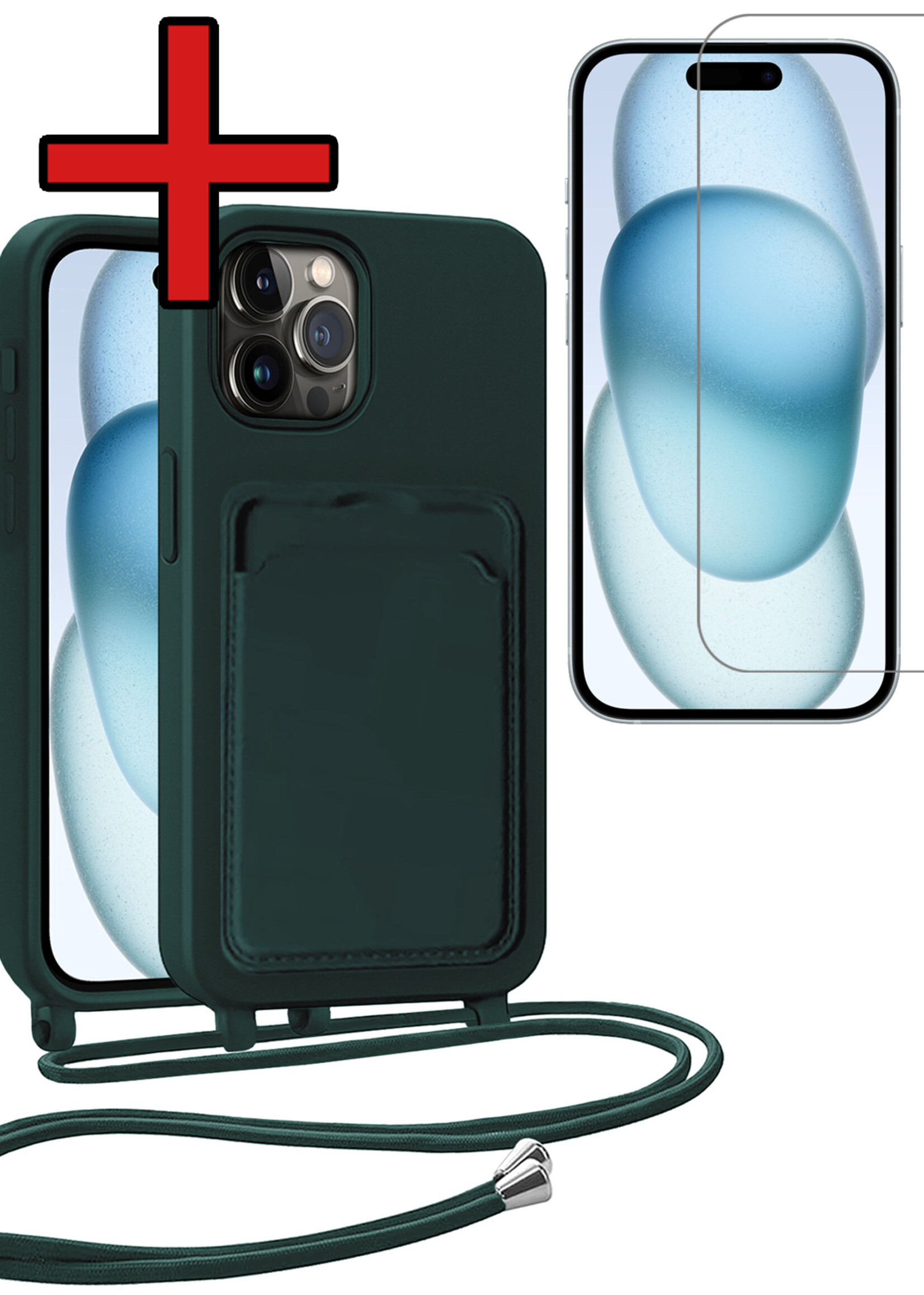 BTH BTH iPhone 14 Pro Max Hoesje Pashouder met Koord Met Screenprotector - Donkergroen