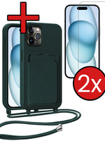 BTH BTH iPhone 14 Pro Max Hoesje Pashouder met Koord Met 2x Screenprotector - Donkergroen