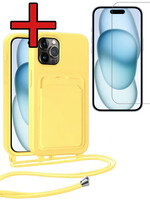 BTH BTH iPhone 14 Pro Max Hoesje Pashouder met Koord Met Screenprotector - Geel