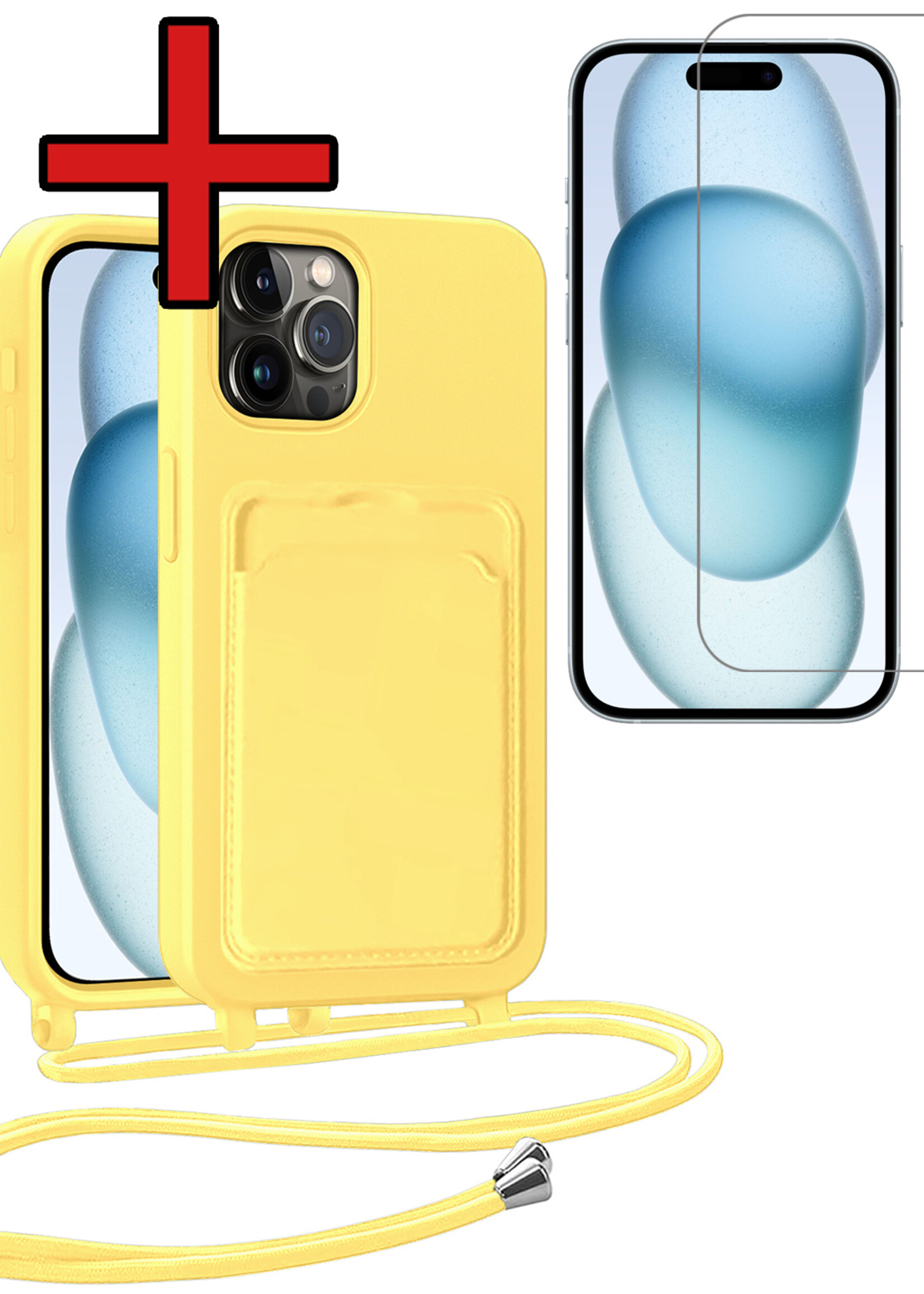 BTH BTH iPhone 14 Pro Max Hoesje Pashouder met Koord Met Screenprotector - Geel