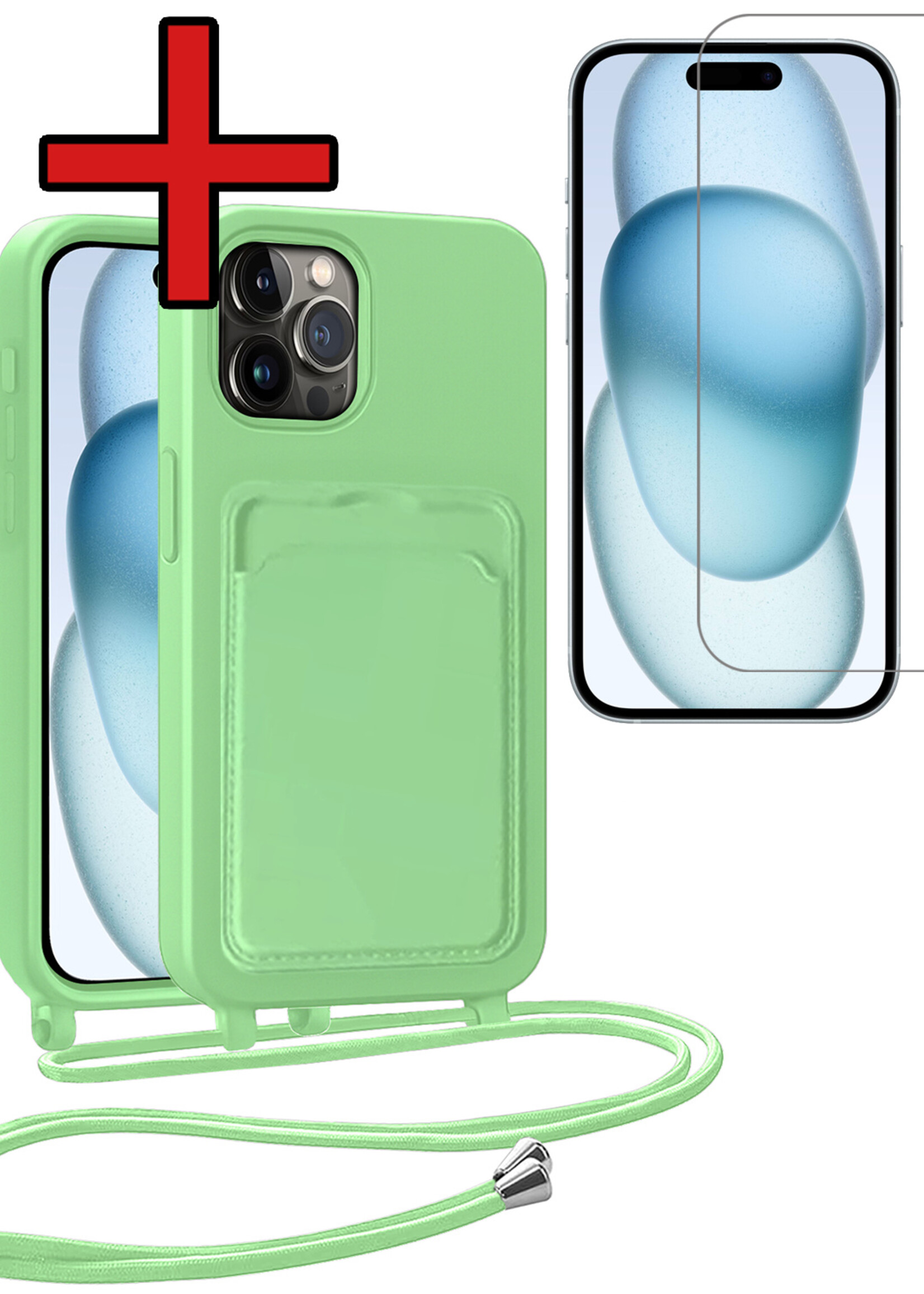 BTH BTH iPhone 14 Pro Max Hoesje Pashouder met Koord Met Screenprotector - Groen