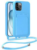 BTH BTH iPhone 14 Pro Max Hoesje Pashouder met Koord - Lichtblauw
