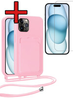 BTH BTH iPhone 14 Pro Max Hoesje Pashouder met Koord Met Screenprotector - Lichtroze