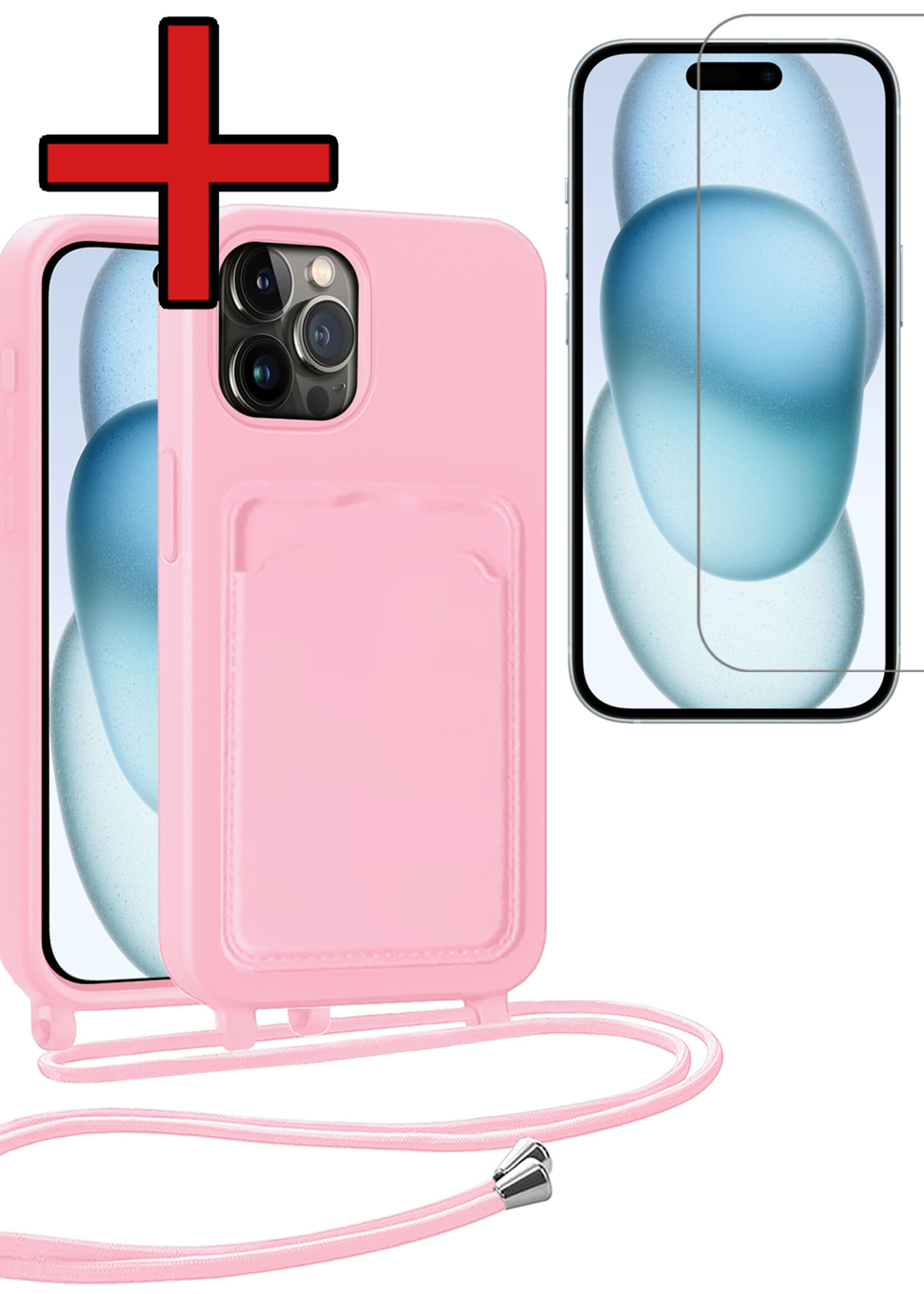 BTH BTH iPhone 14 Pro Max Hoesje Pashouder met Koord Met Screenprotector - Lichtroze