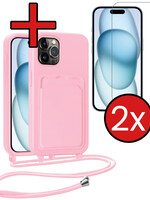 BTH BTH iPhone 14 Pro Max Hoesje Pashouder met Koord Met 2x Screenprotector - Lichtroze