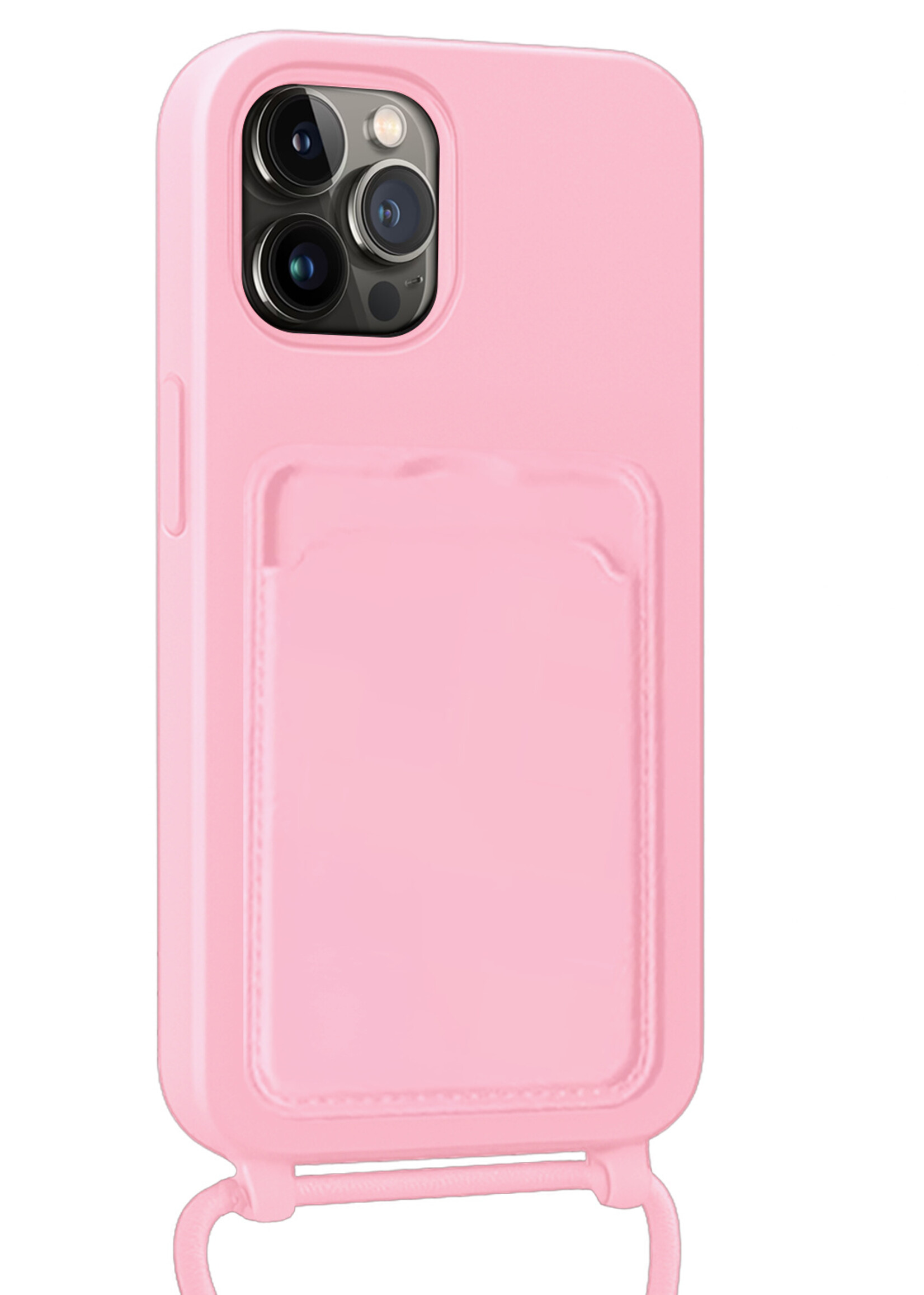 BTH BTH iPhone 14 Pro Max Hoesje Pashouder met Koord Met 2x Screenprotector - Lichtroze