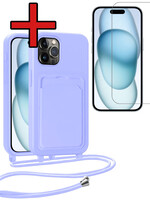 BTH BTH iPhone 14 Pro Max Hoesje Pashouder met Koord Met Screenprotector - Lila