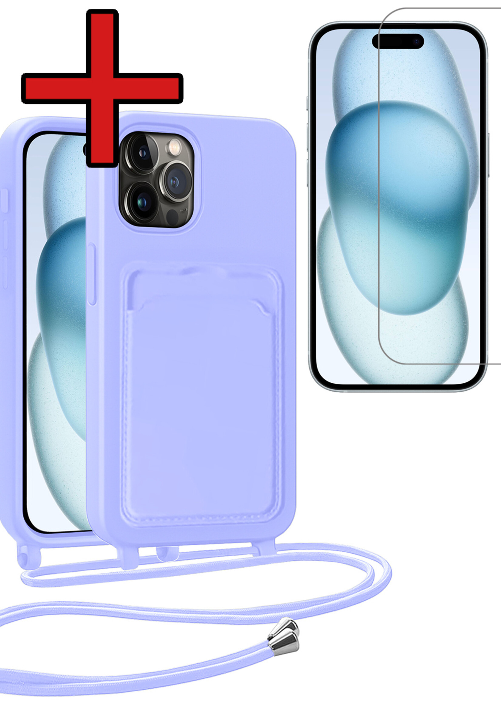 BTH BTH iPhone 14 Pro Max Hoesje Pashouder met Koord Met Screenprotector - Lila
