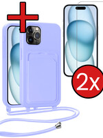 BTH BTH iPhone 14 Pro Max Hoesje Pashouder met Koord Met 2x Screenprotector - Lila