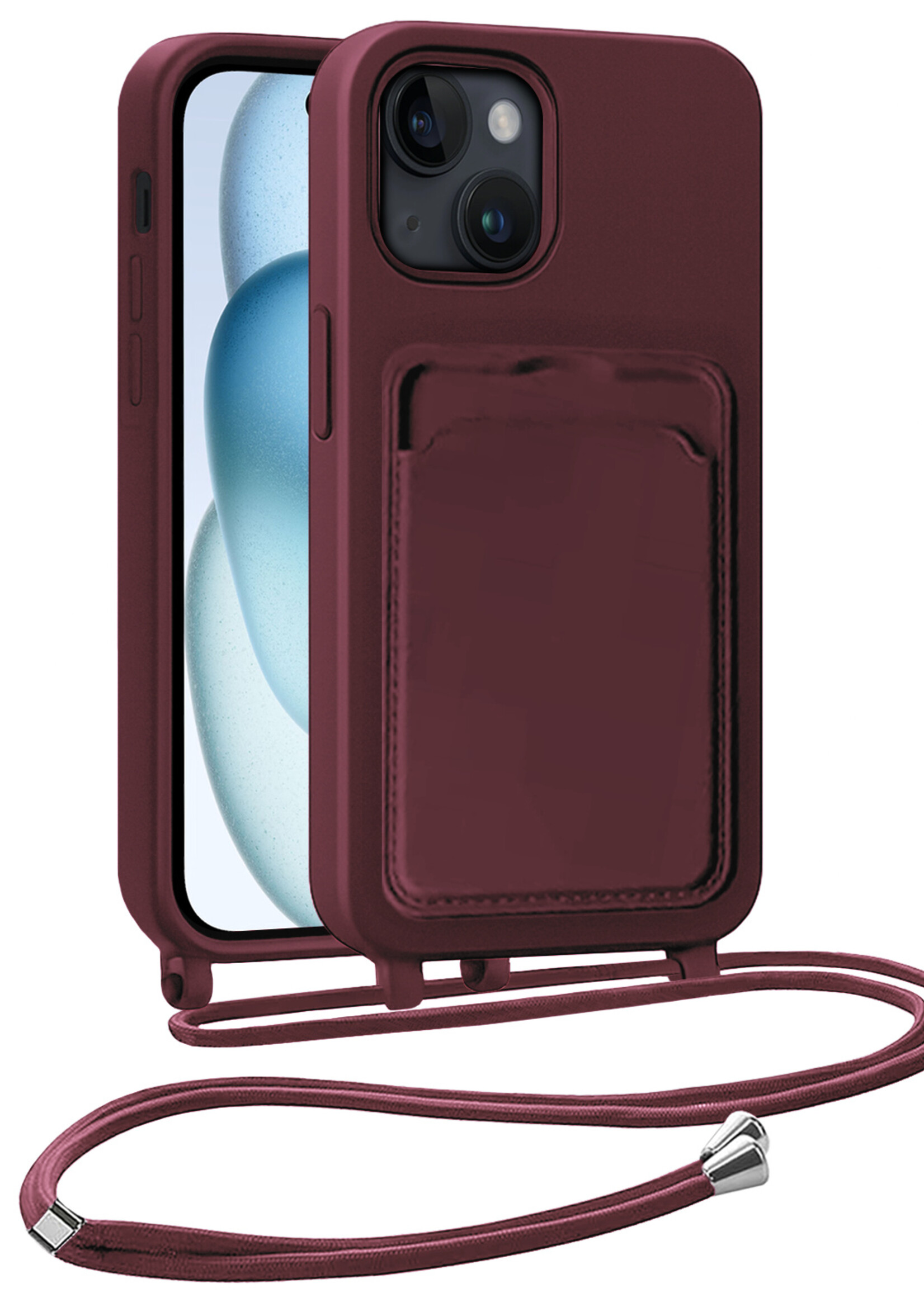 BTH BTH iPhone 15 Plus Hoesje Pashouder met Koord - Aubergine