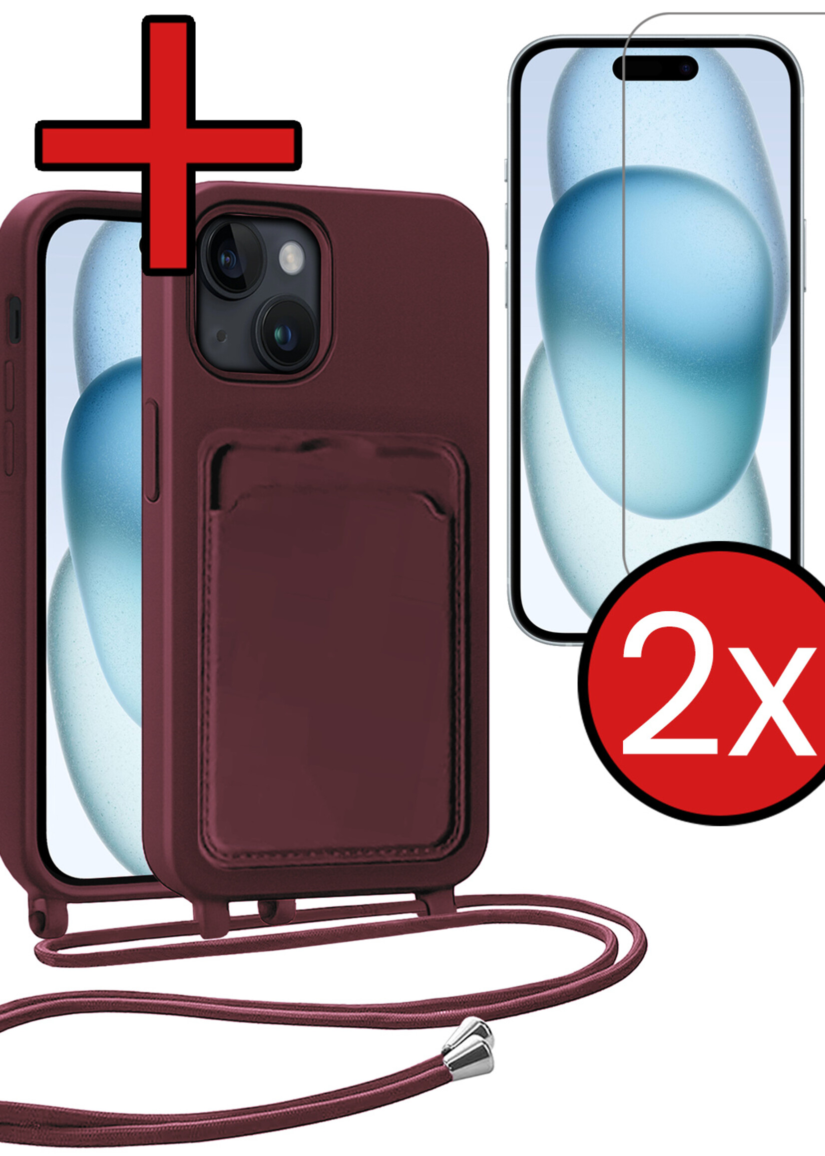 BTH BTH iPhone 15 Plus Hoesje Pashouder met Koord Met 2x Screenprotector - Aubergine