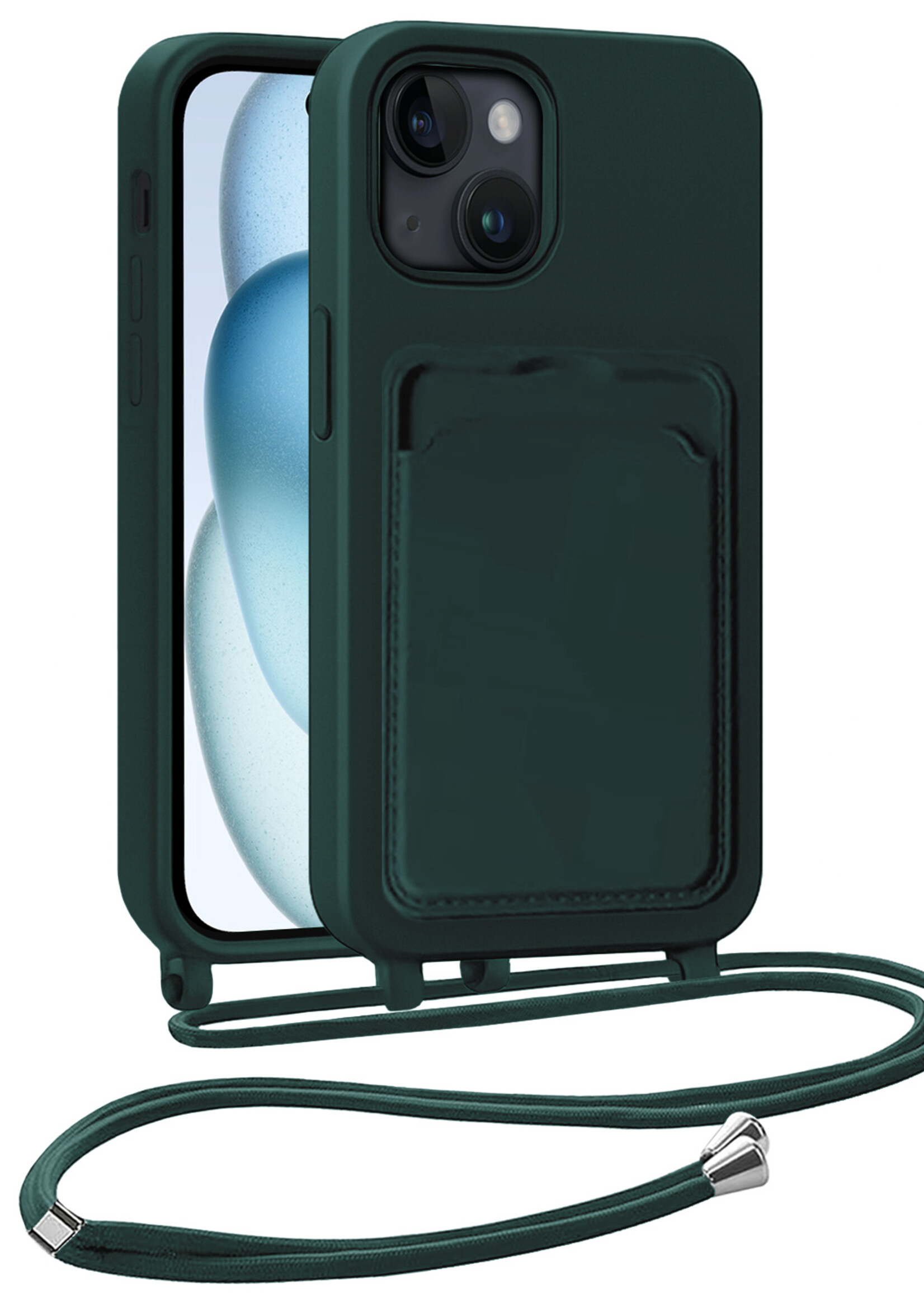 BTH BTH iPhone 15 Plus Hoesje Pashouder met Koord - Donkergroen