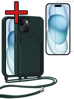 BTH BTH iPhone 15 Plus Hoesje Pashouder met Koord Met Screenprotector - Donkergroen