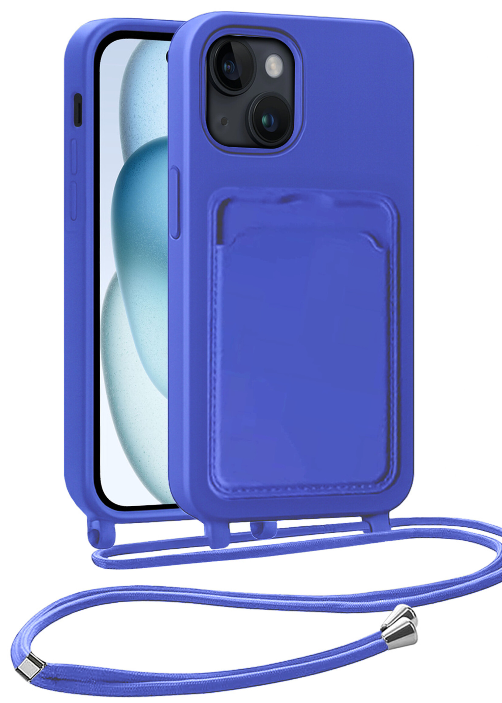 BTH BTH iPhone 15 Plus Hoesje Pashouder met Koord - Fel Blauw