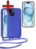 BTH BTH iPhone 15 Plus Hoesje Pashouder met Koord Met Screenprotector - Fel Blauw