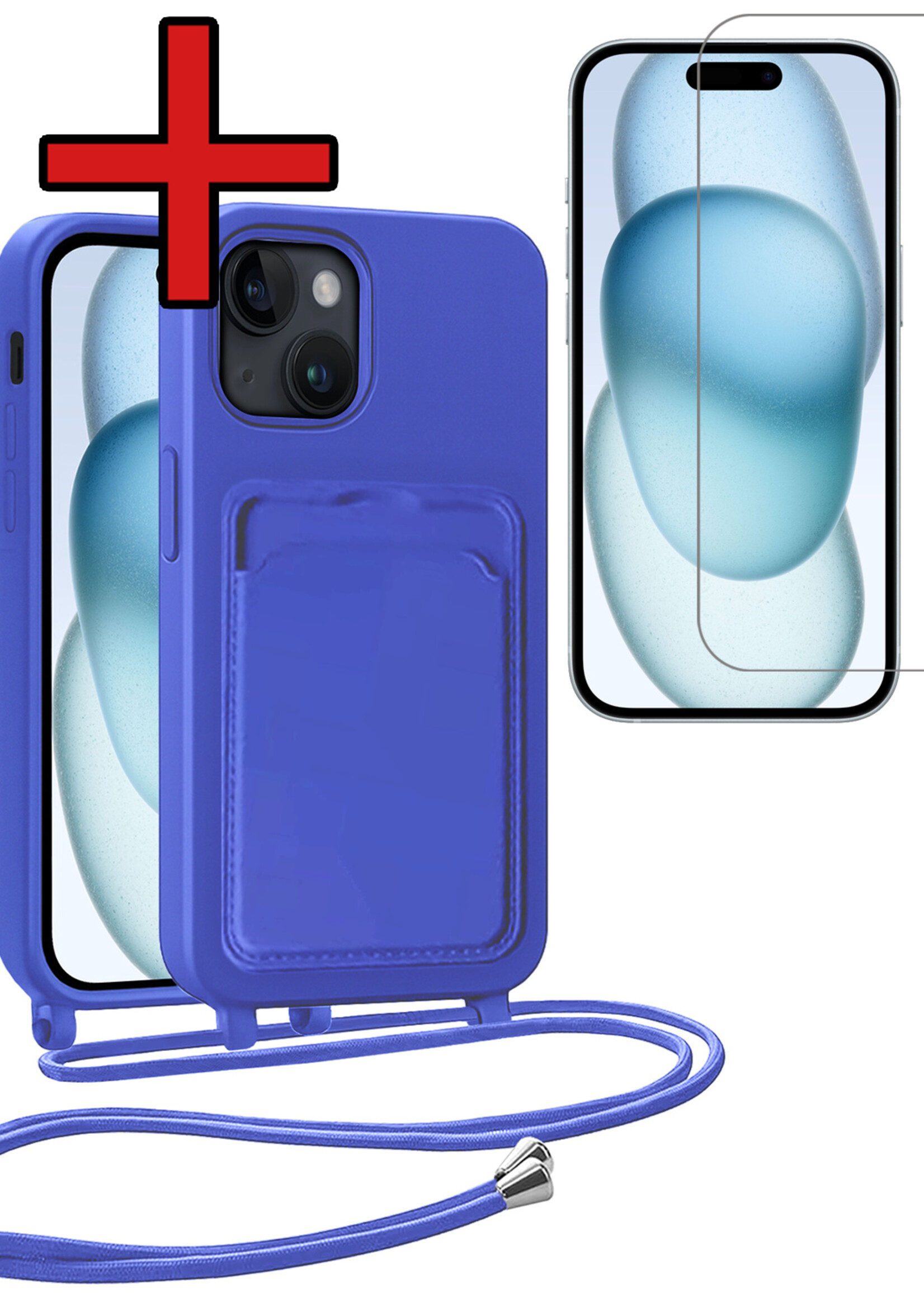BTH BTH iPhone 15 Plus Hoesje Pashouder met Koord Met Screenprotector - Fel Blauw