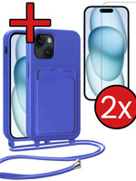 BTH BTH iPhone 15 Plus Hoesje Pashouder met Koord Met 2x Screenprotector - Fel Blauw