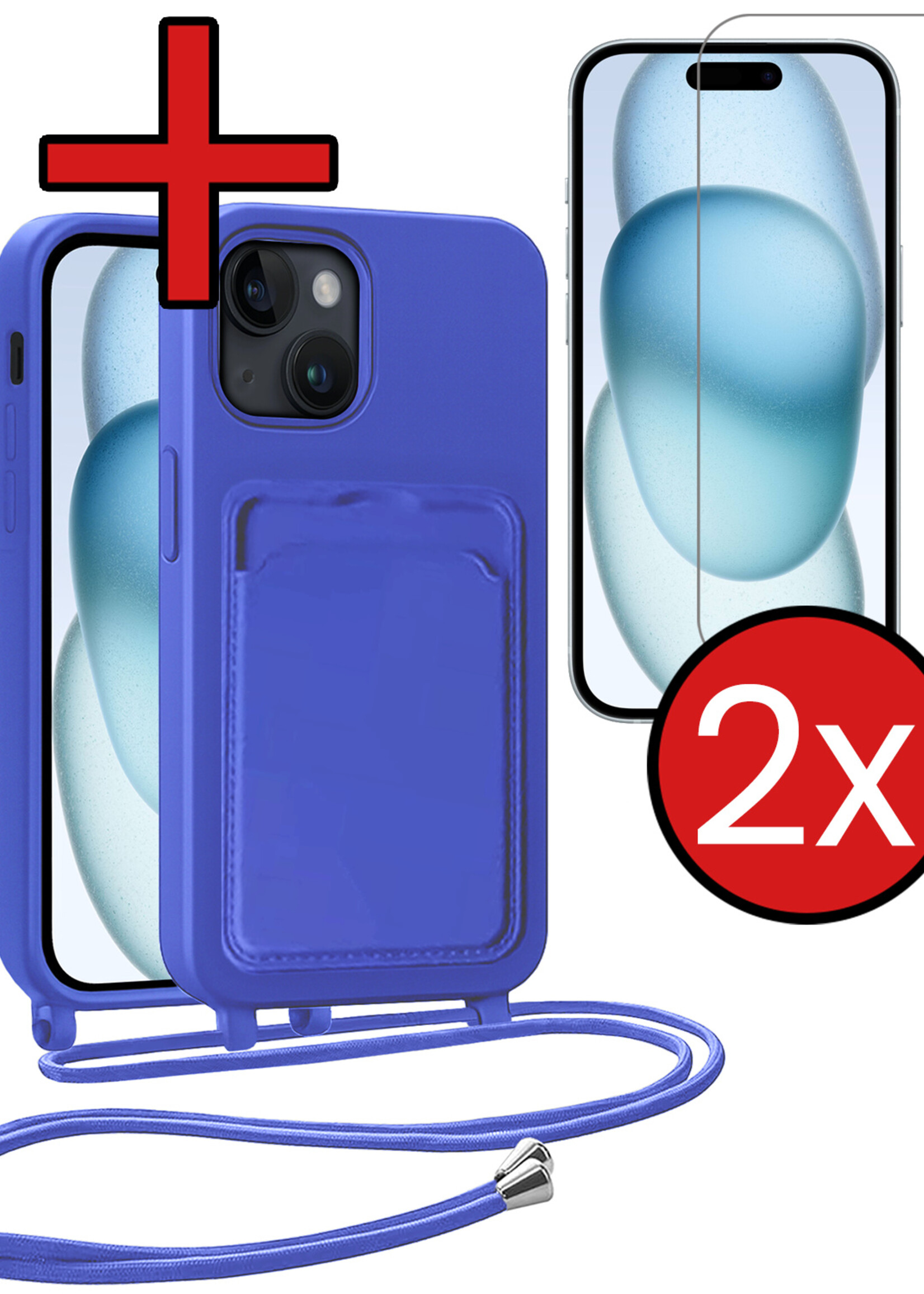 BTH BTH iPhone 15 Plus Hoesje Pashouder met Koord Met 2x Screenprotector - Fel Blauw
