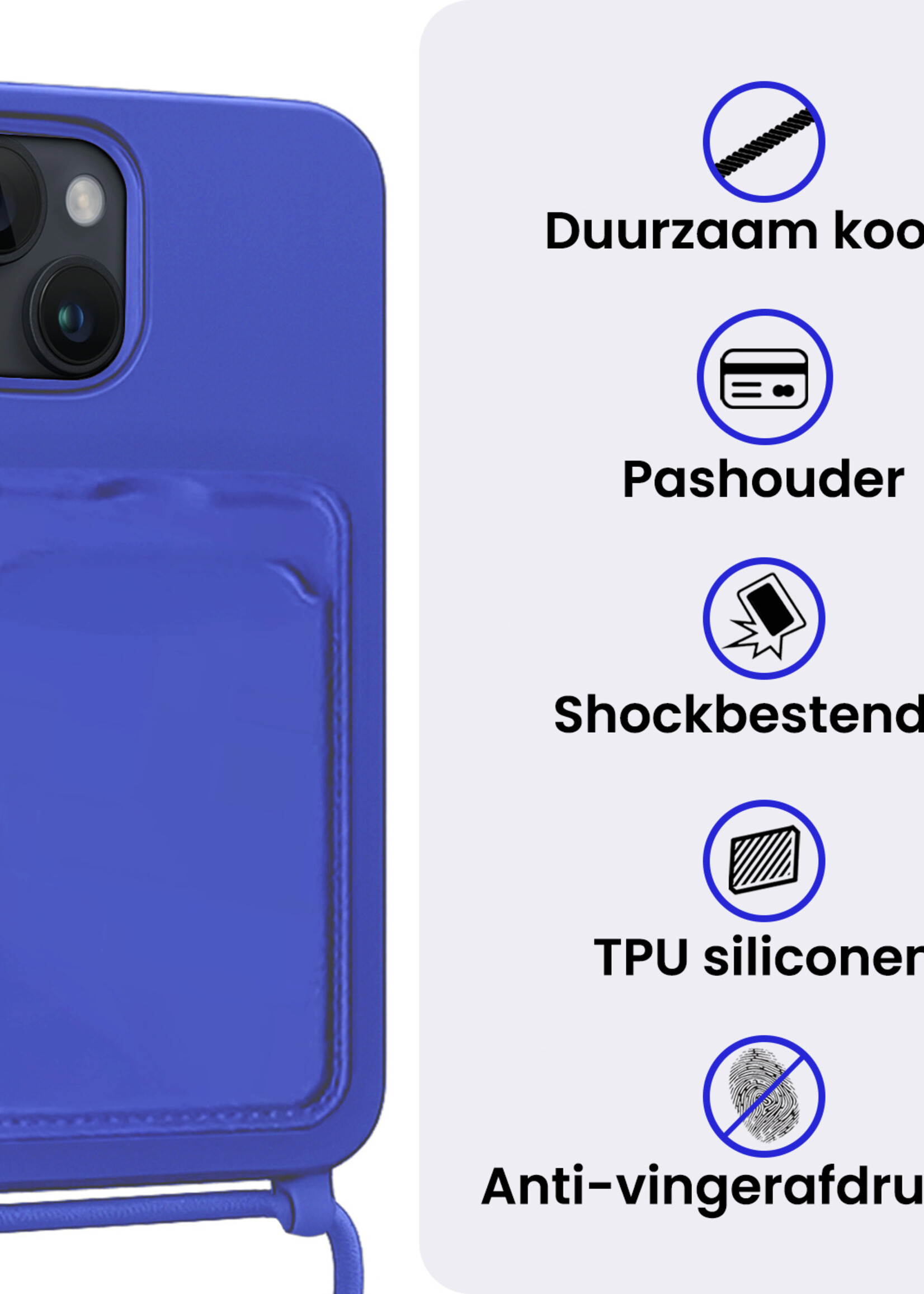 BTH BTH iPhone 15 Plus Hoesje Pashouder met Koord Met 2x Screenprotector - Fel Blauw