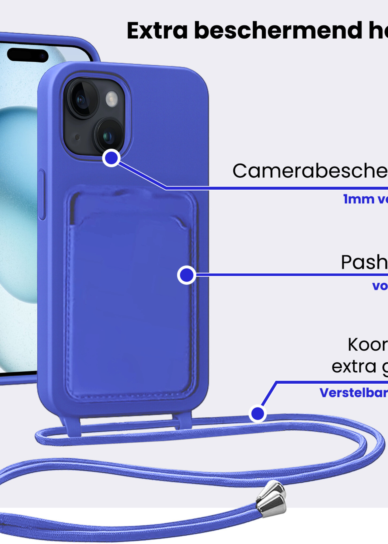BTH BTH iPhone 15 Plus Hoesje Pashouder met Koord Met 2x Screenprotector - Fel Blauw