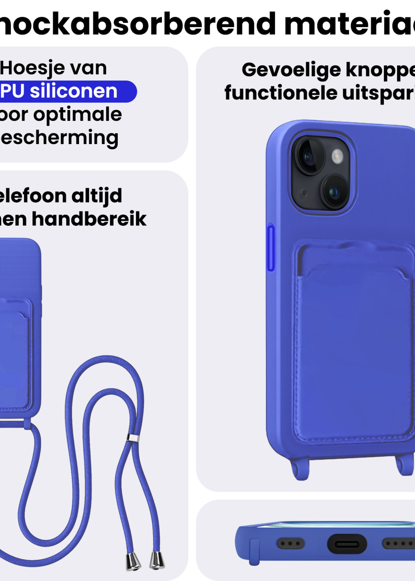 BTH BTH iPhone 15 Plus Hoesje Pashouder met Koord Met 2x Screenprotector - Fel Blauw