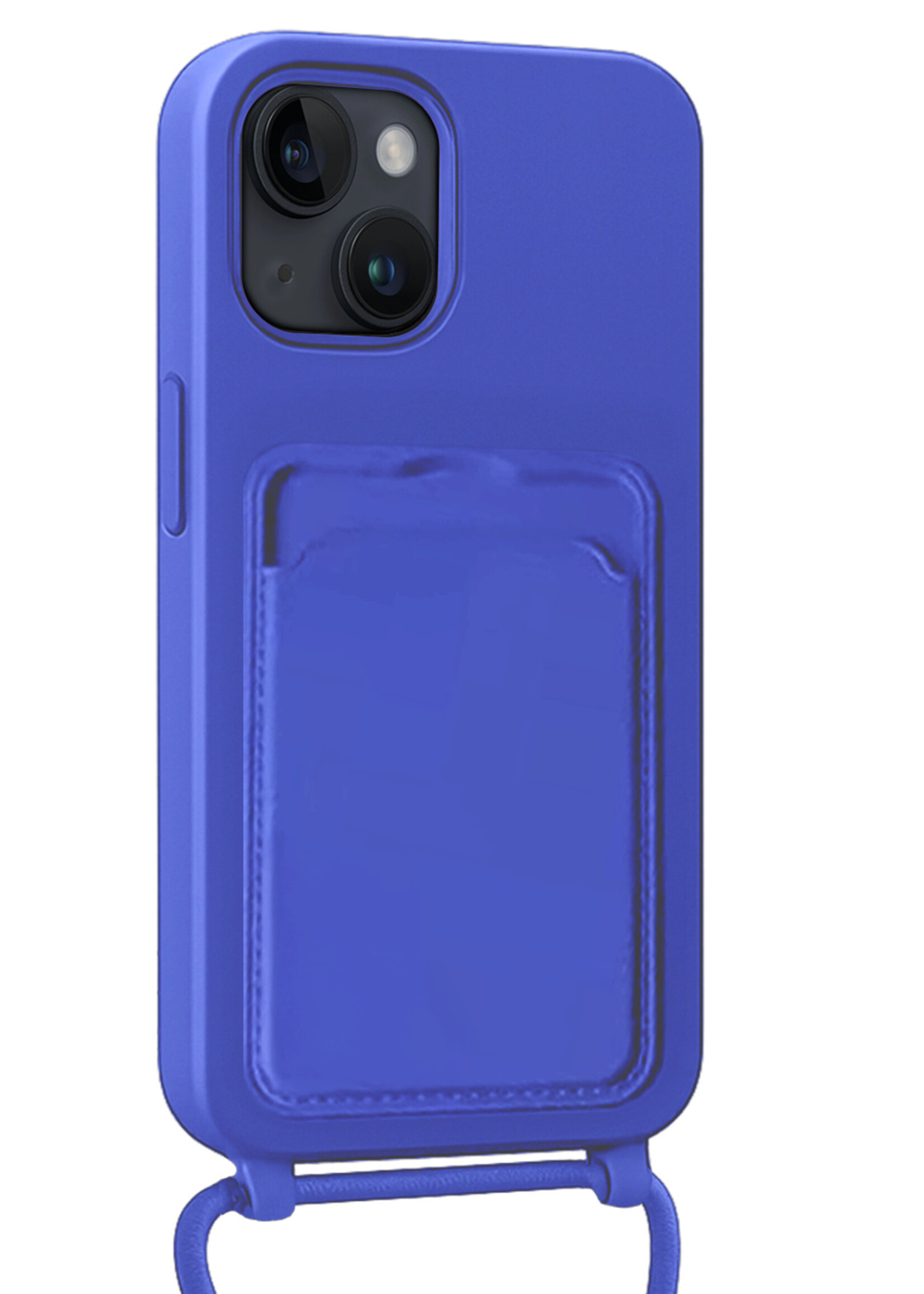 BTH BTH iPhone 15 Plus Hoesje Pashouder met Koord Met 2x Screenprotector - Fel Blauw