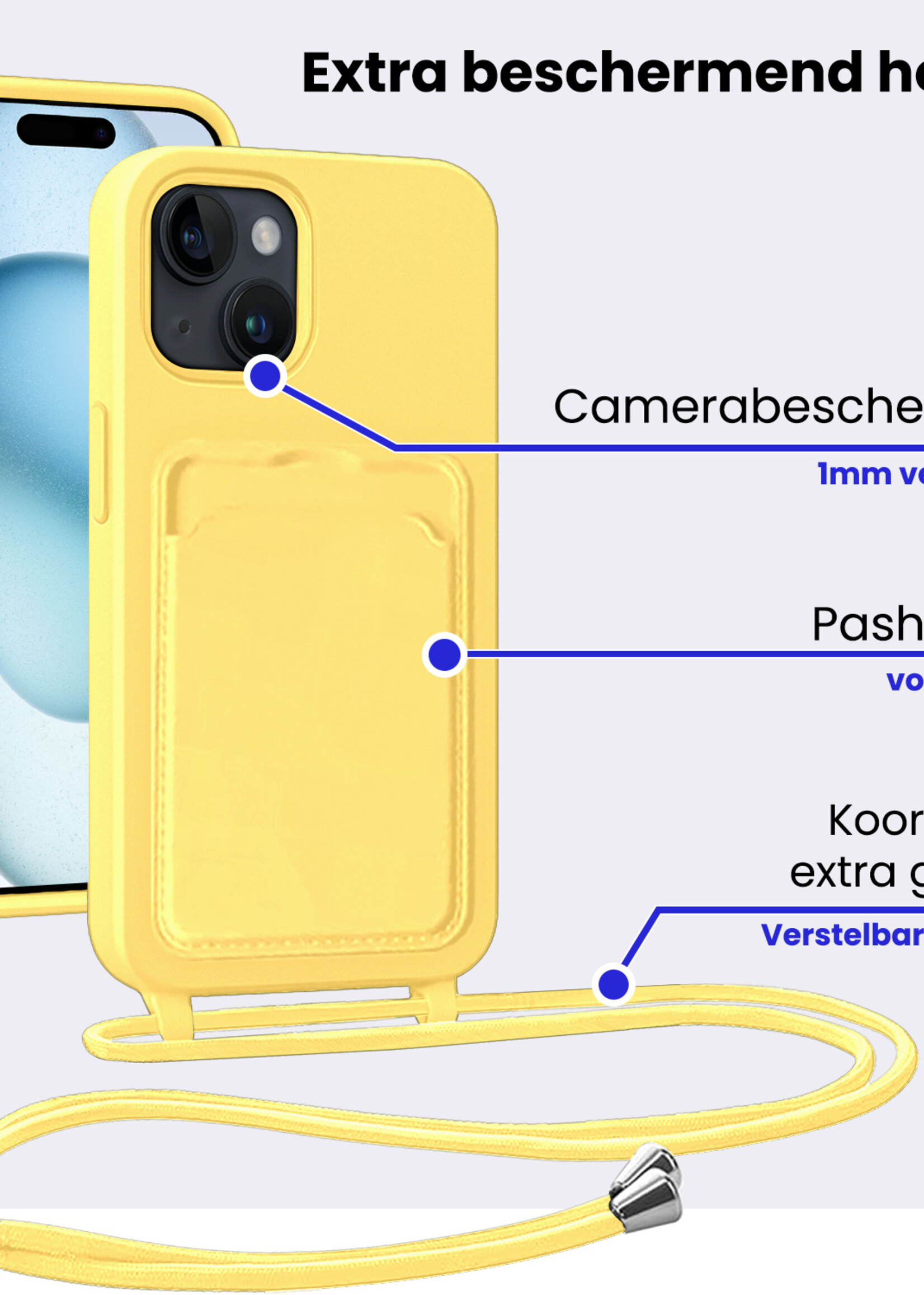 BTH BTH iPhone 15 Plus Hoesje Pashouder met Koord - Geel - 2 PACK